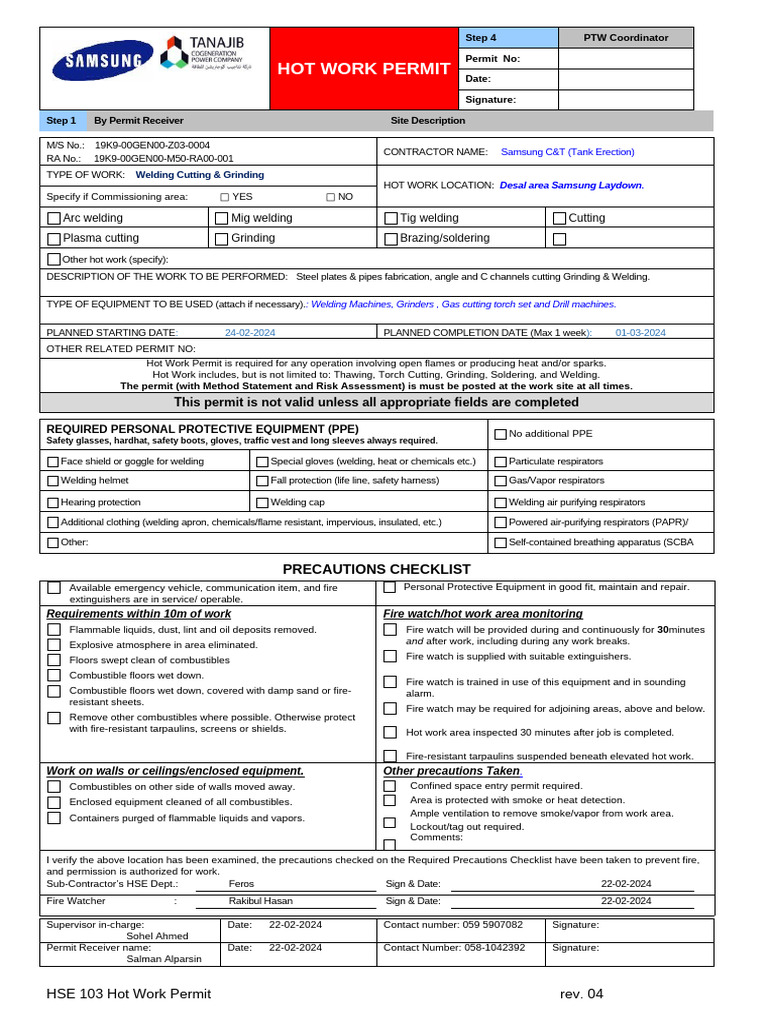 HSE Hot Work Permit for Welding Operations | PDF