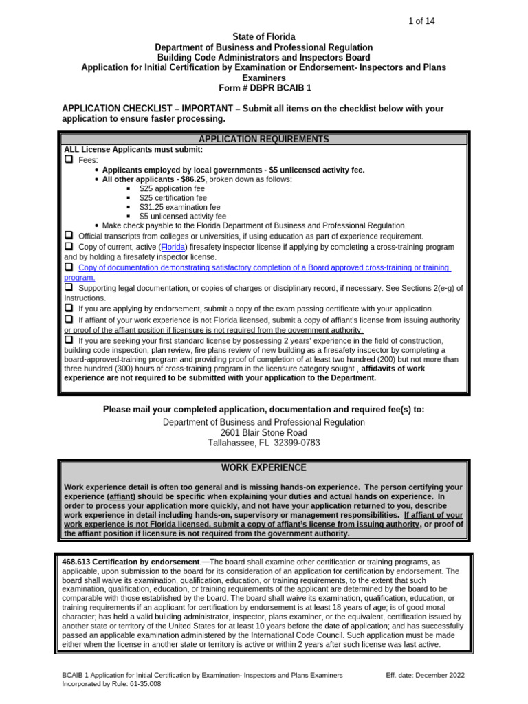 DBPR BCAIB 1 - Application For Initial Certification by Examination or ...