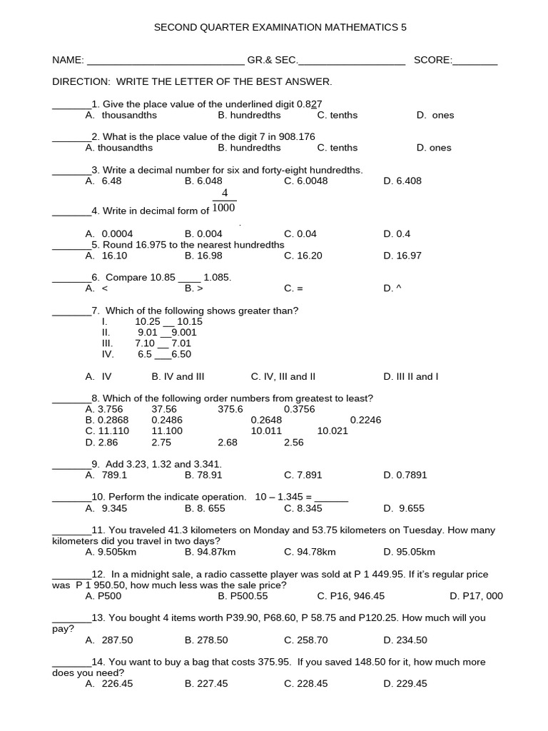 Grade 7 Math Exam: 2nd Quarter | PDF | Ratio | Numbers
