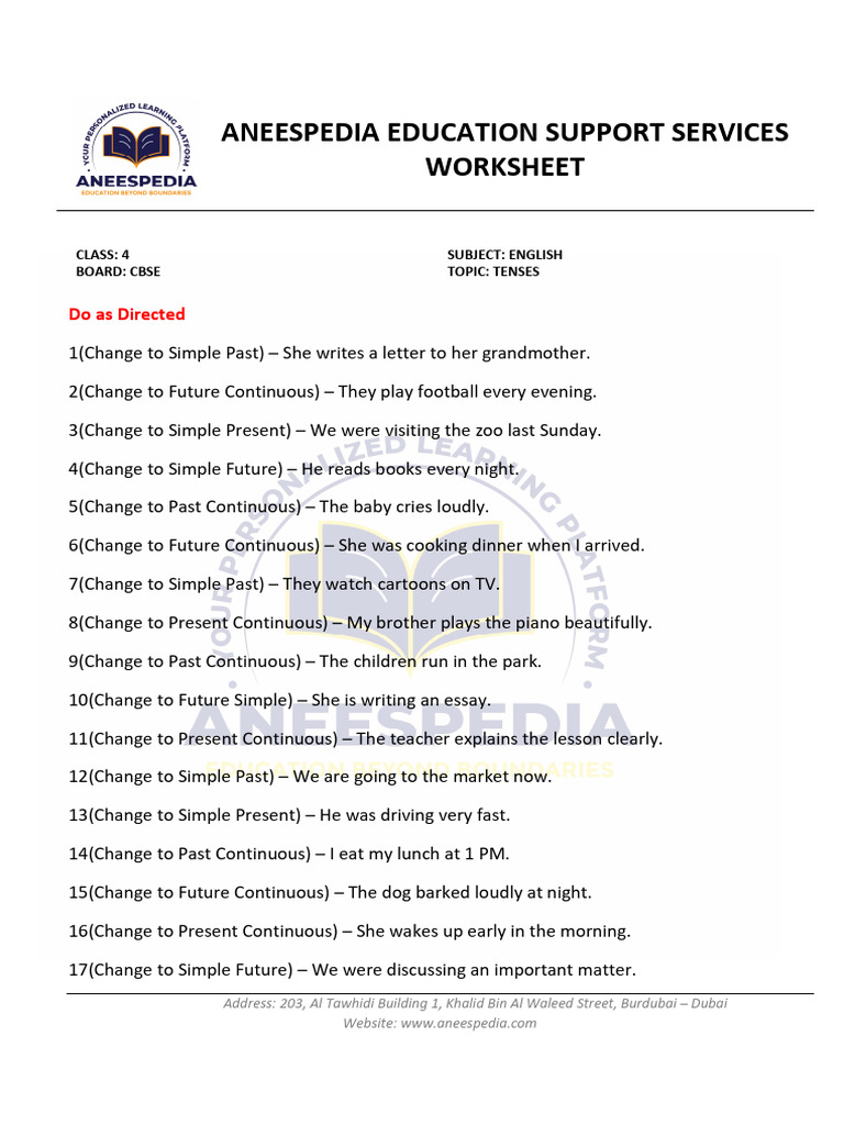Class 4 English Tenses Worksheet | PDF
