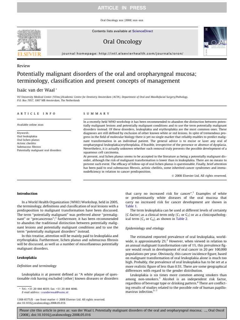 Oral Potentially Malignant Disorders Guide | PDF | Diseases And ...