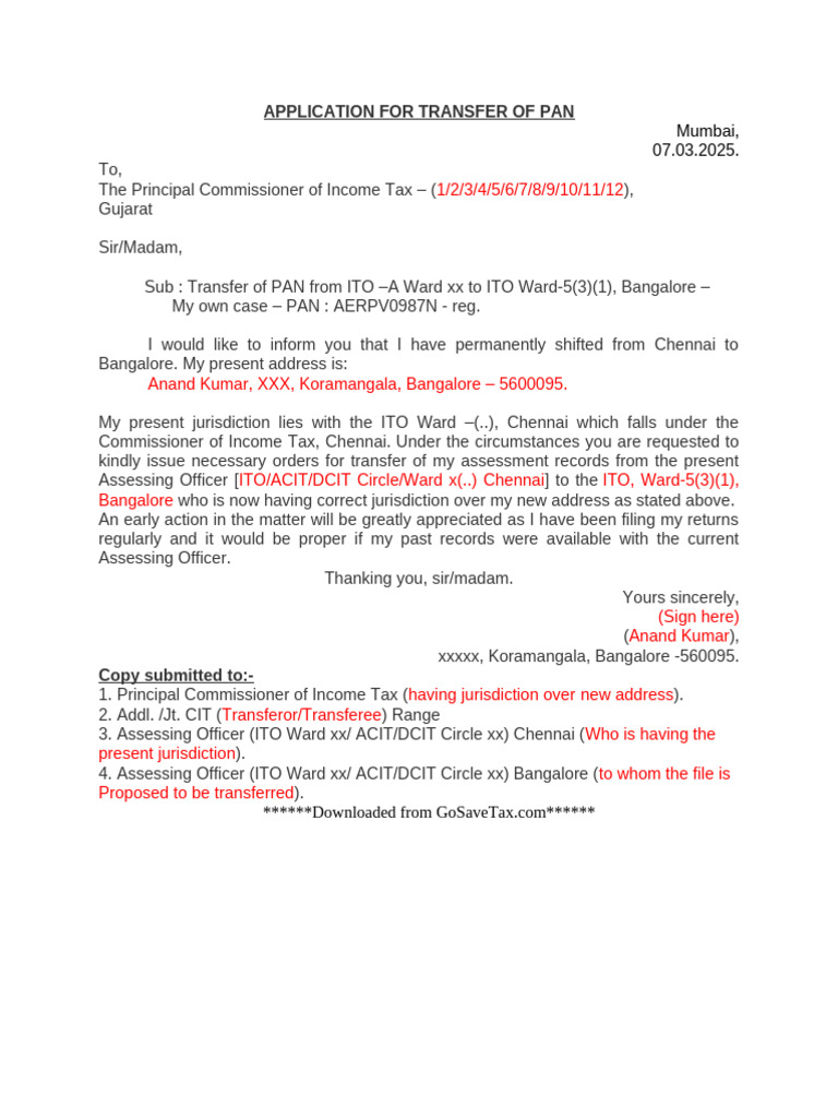 PAN Transfer Application for Jurisdiction Change | PDF