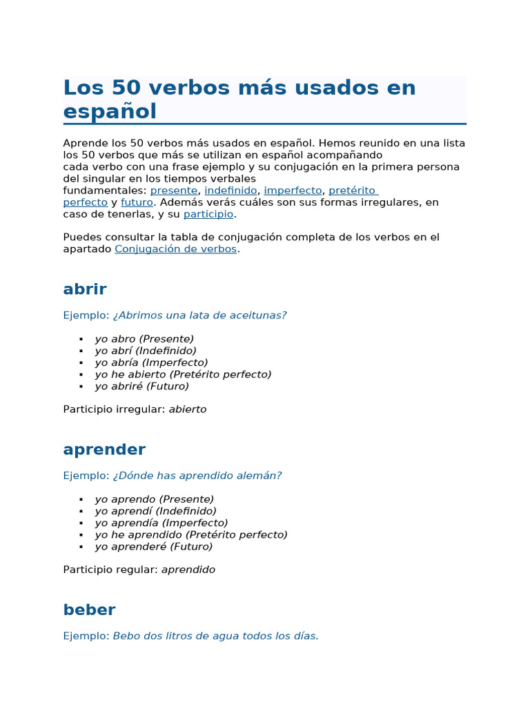 50 Verbos Comunes en Español y Conjugaciones | PDF | Verbo | Sintaxis