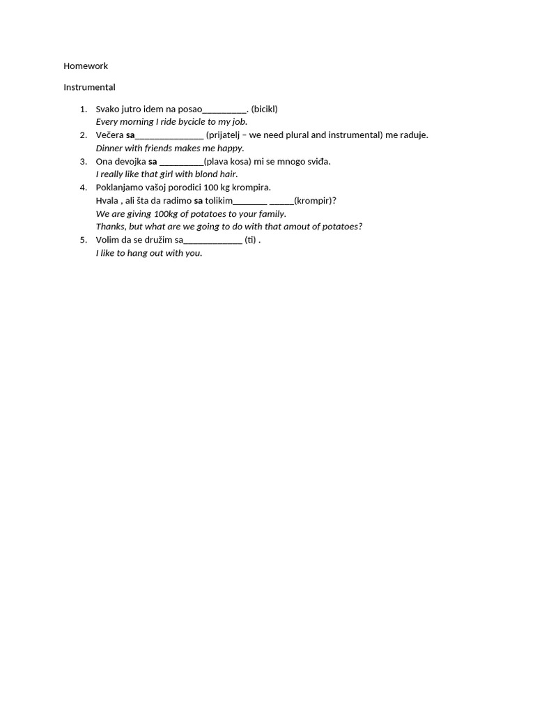 Instrumental Case Homework Exercises | PDF