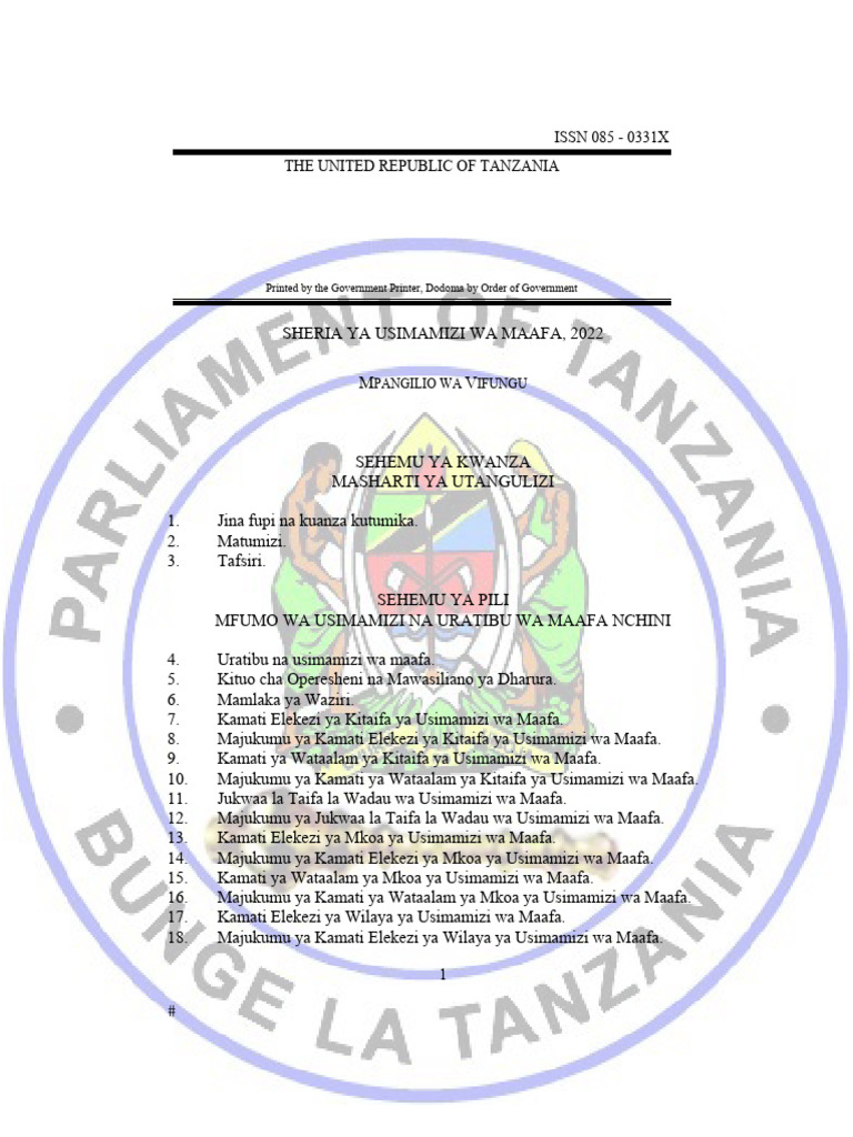 17.0 Sheria Ya Usimamizi Wa Maafa, 2022 | PDF