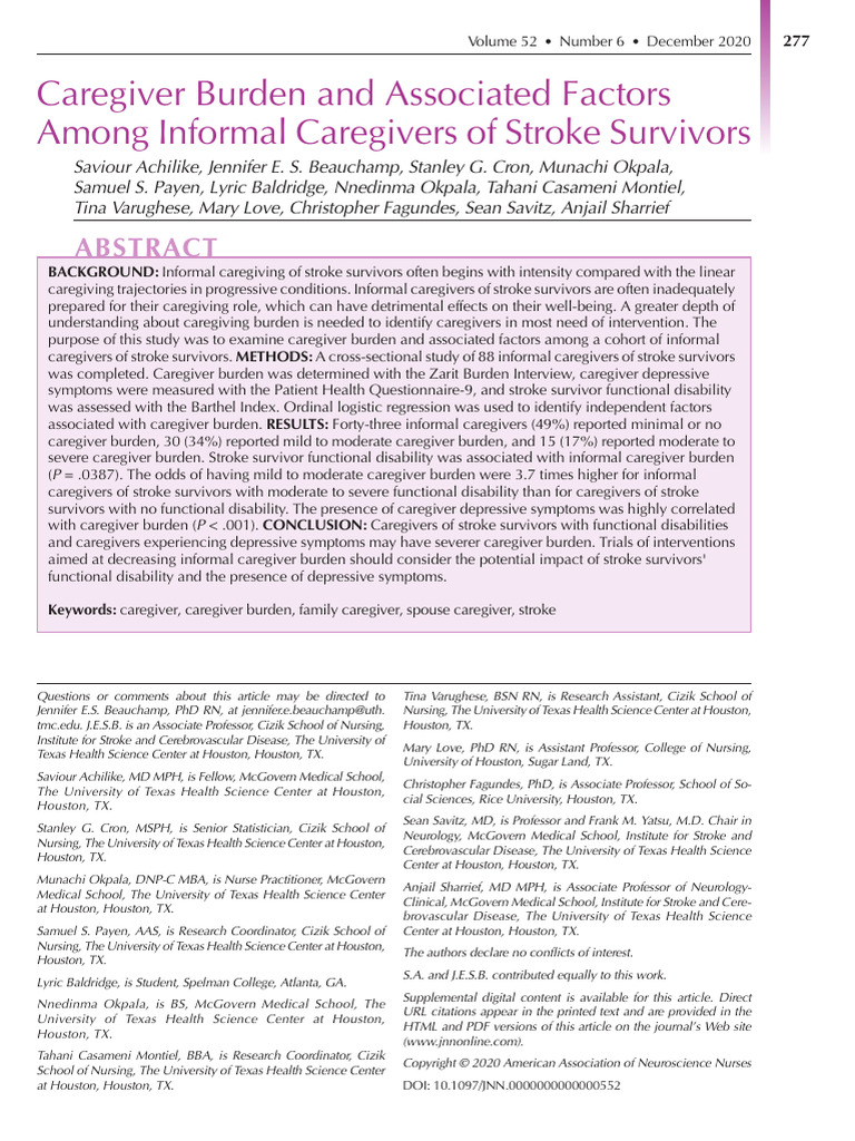 Caregiver Burden in Stroke Survivors | PDF | Caregiver | Stroke