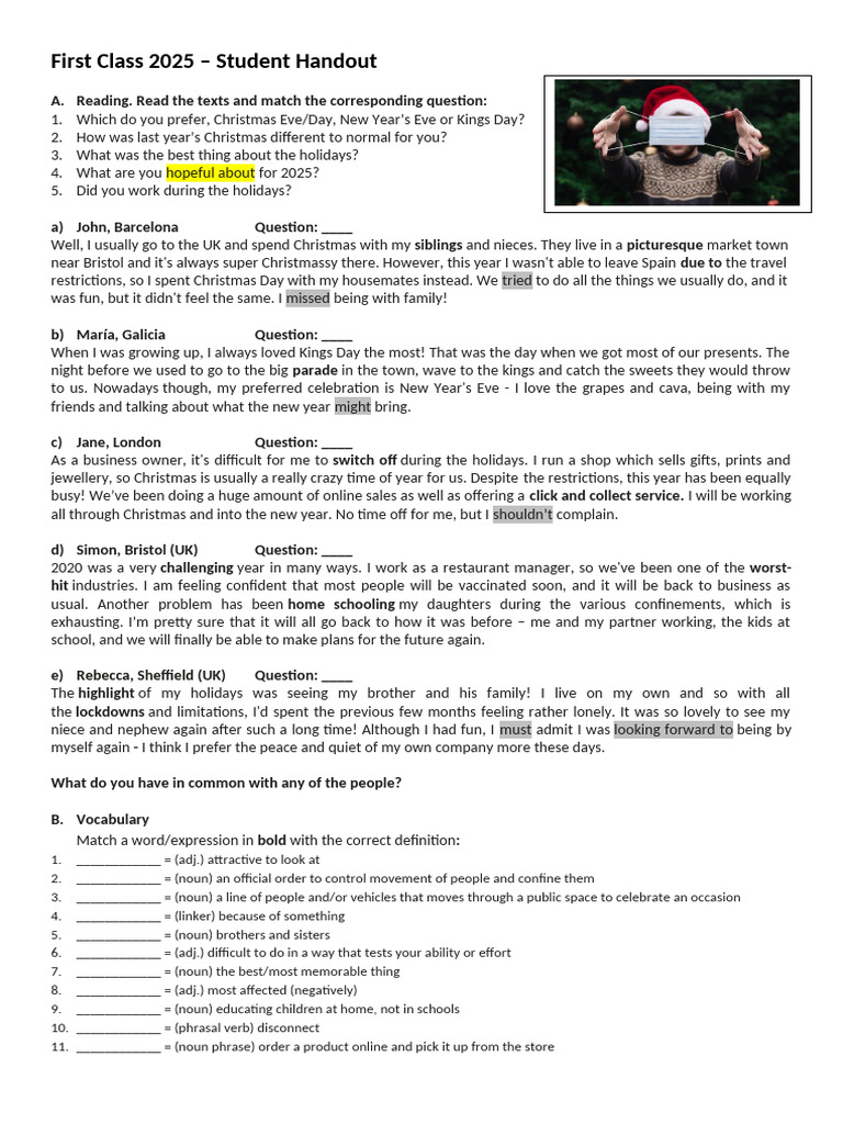 First Class 2021 Student Handout | PDF | Adjective | Verb