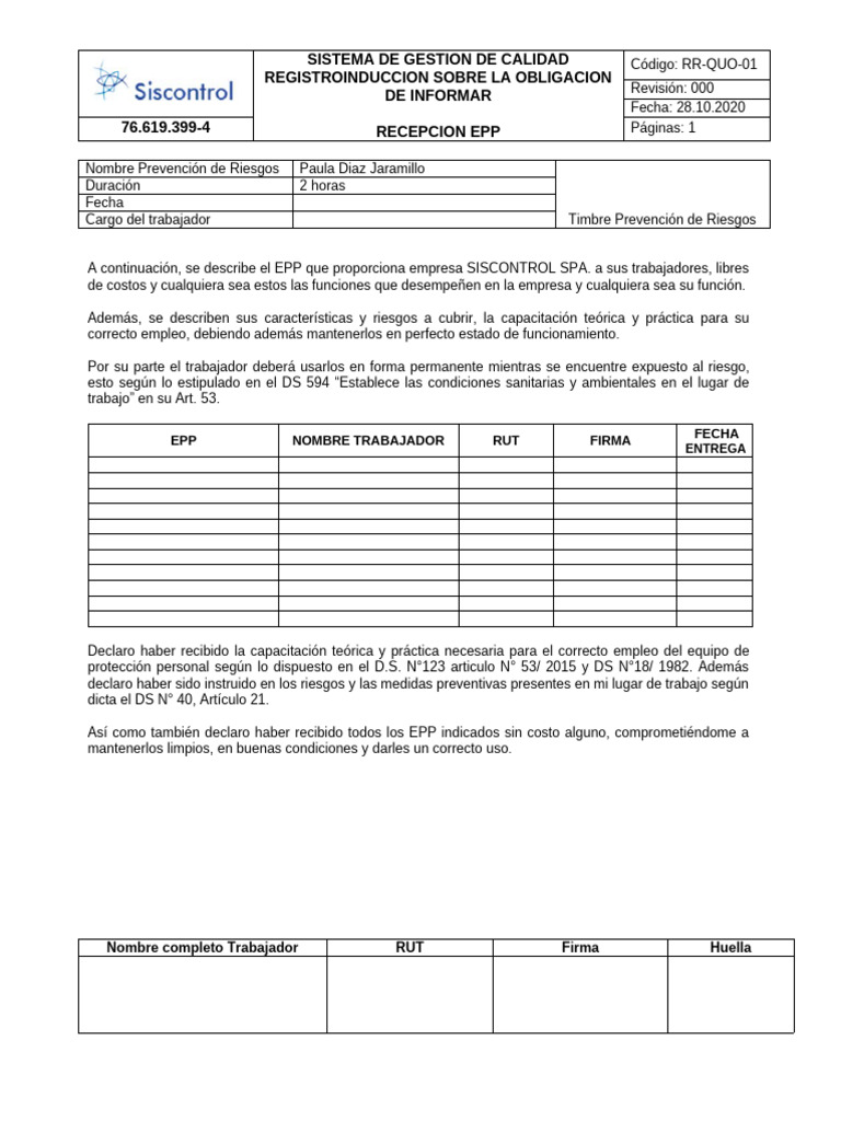 Inducción y Entrega de EPP en SISCONTROL | PDF