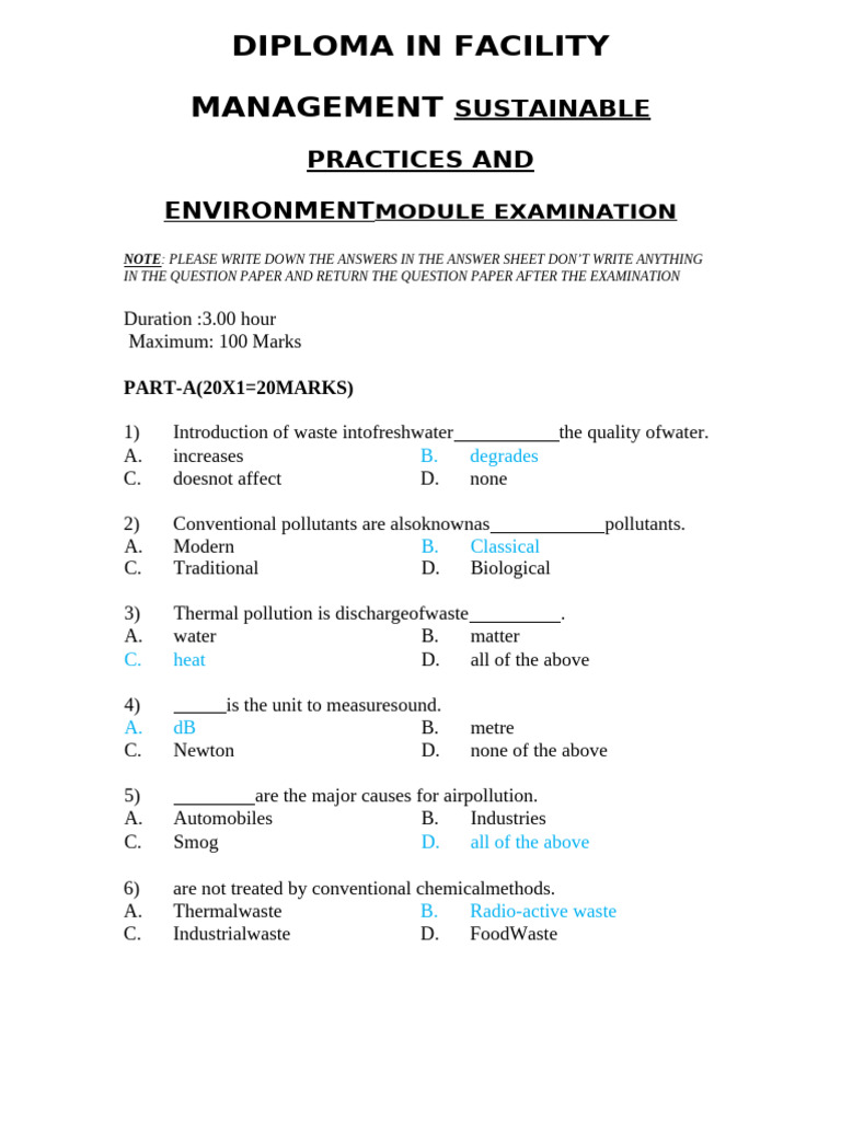 Facility Management Exam: Environmental Practices | PDF | Pollution ...