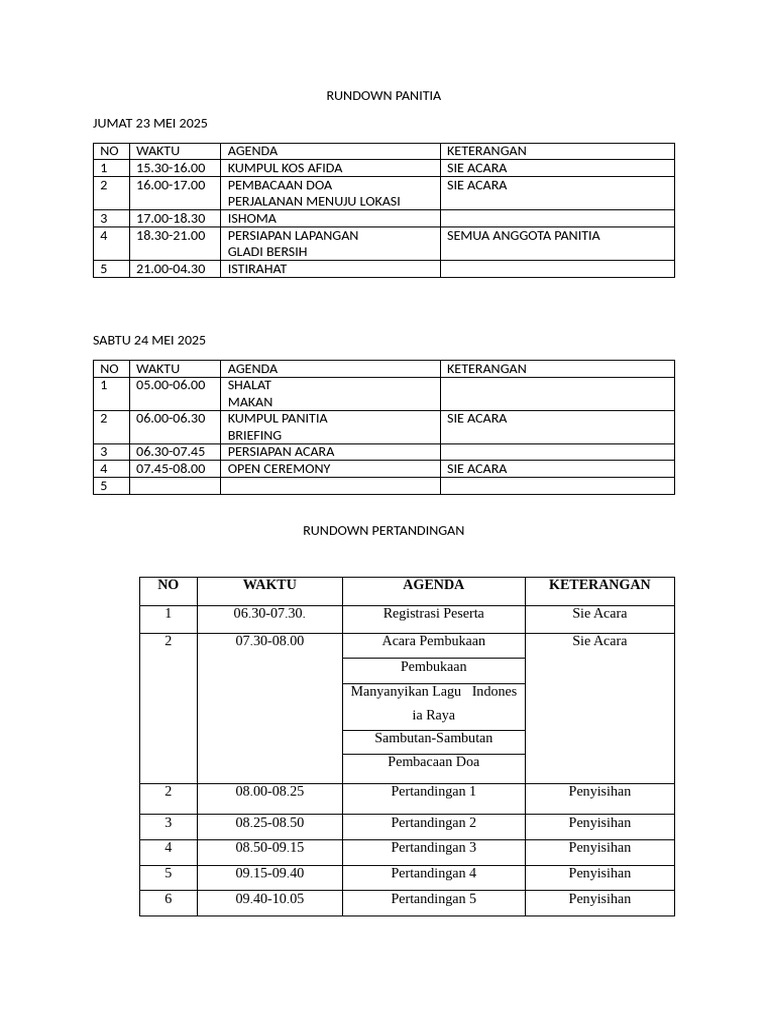 Rundown Acara Pertandingan 2025 | PDF
