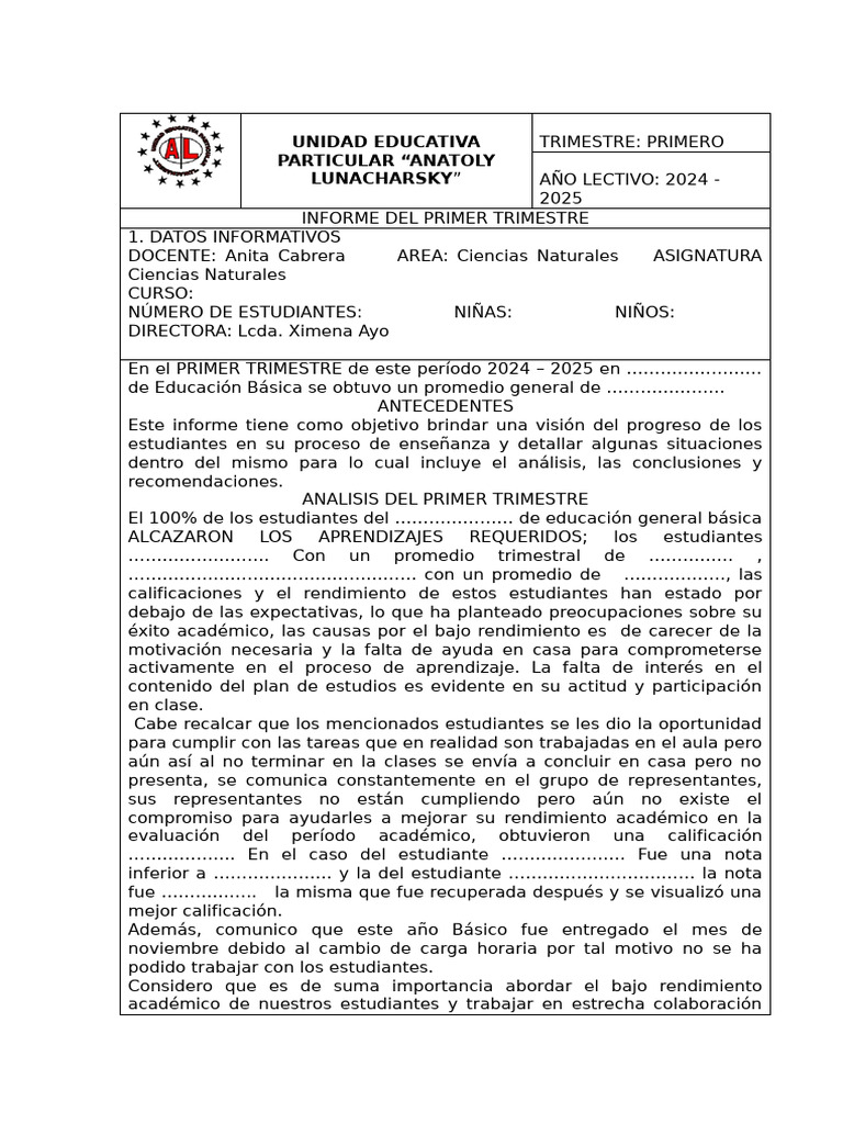 Informe Primer Trimestre 2024-2025 | PDF | Enseñando | Plan de estudios