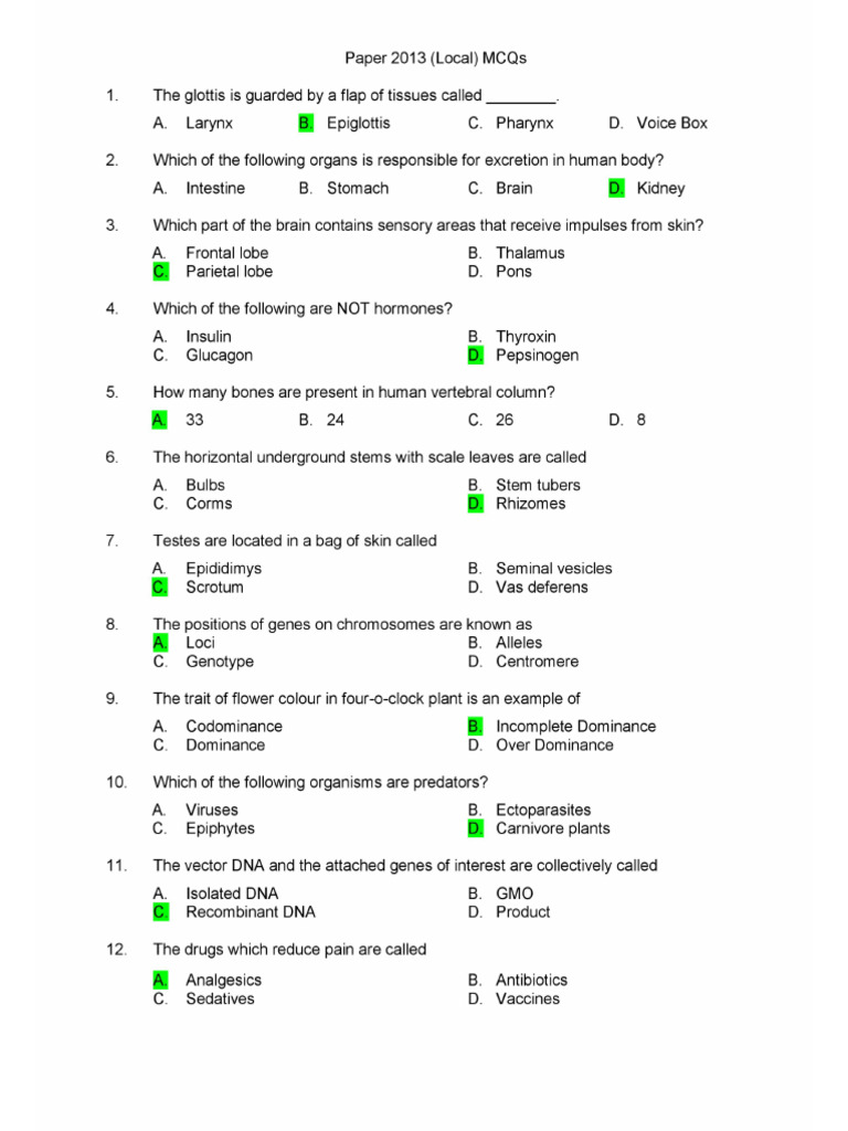 Class 10 Biology Past Paper 2013L MCQs Solved | PDF