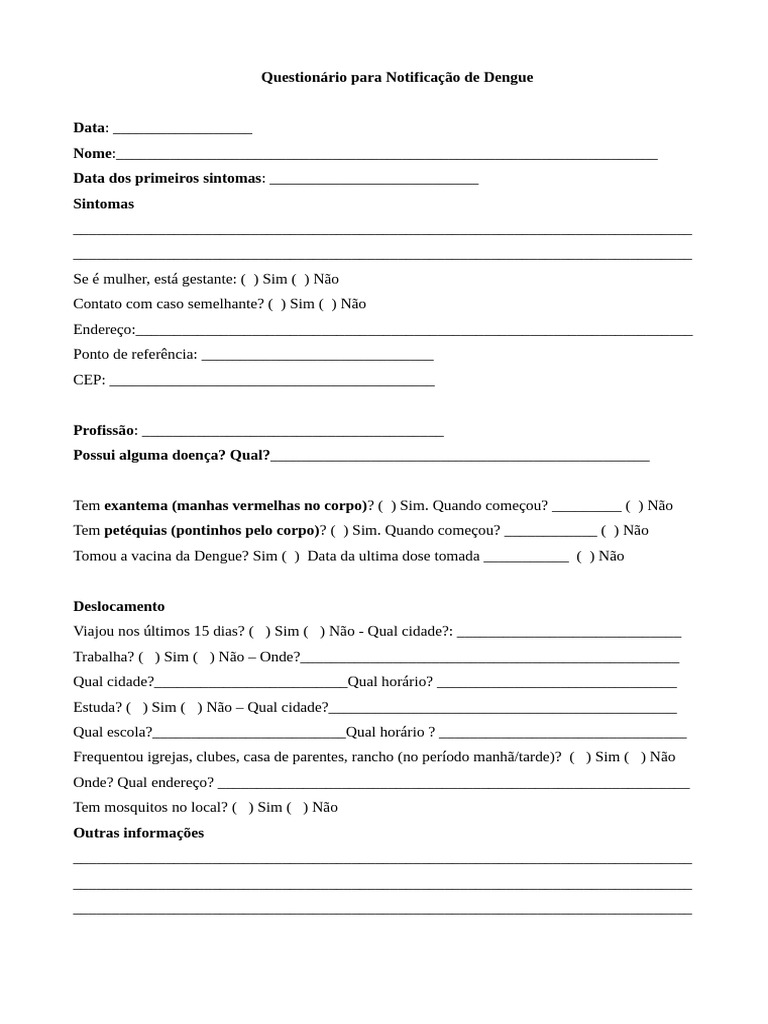 Questionário de Notificação de Dengue | PDF