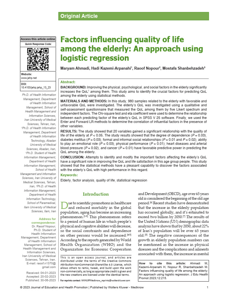 Factors Affecting Elderly Quality of Life | PDF