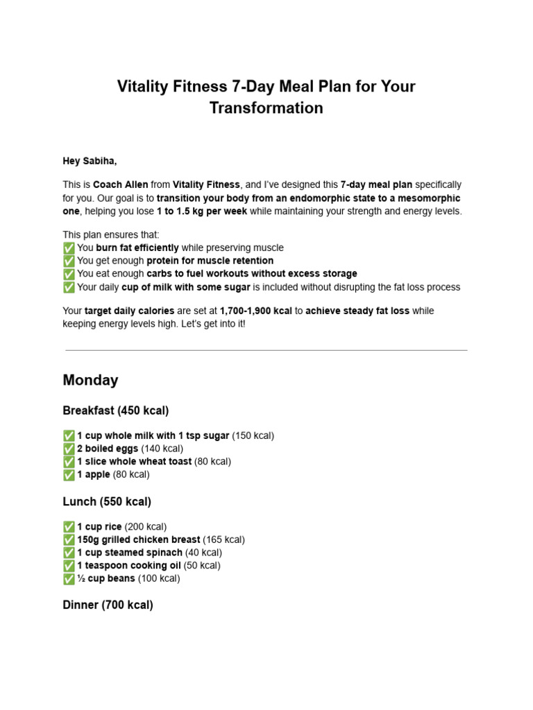 Vitality Fitness 7Day Meal Plan For Mrs Sabiha PDF Foods Cooking