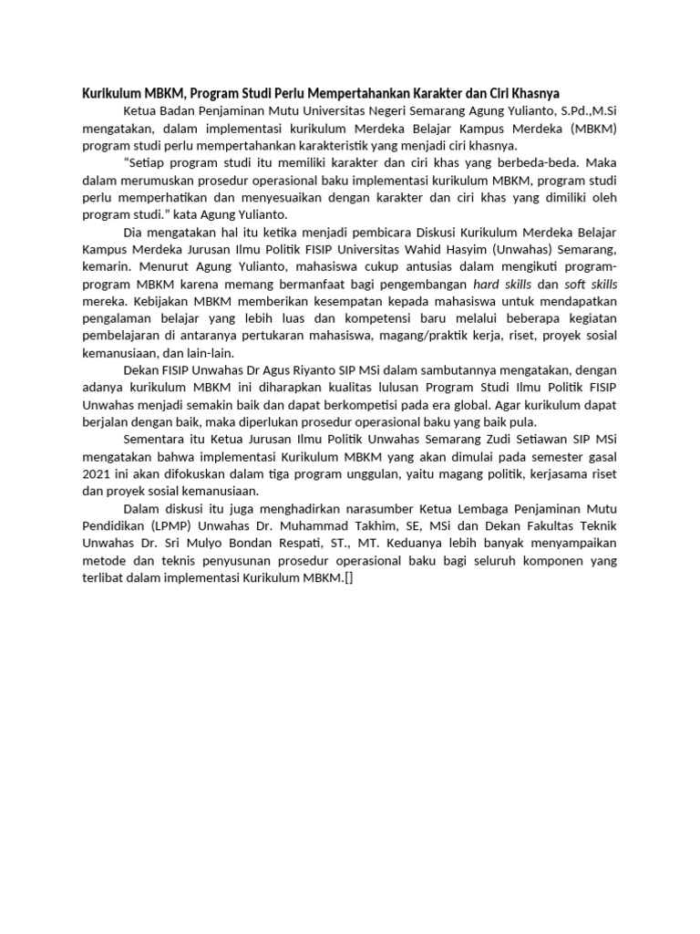 Implementasi Kurikulum MBKM di Unwahas | PDF