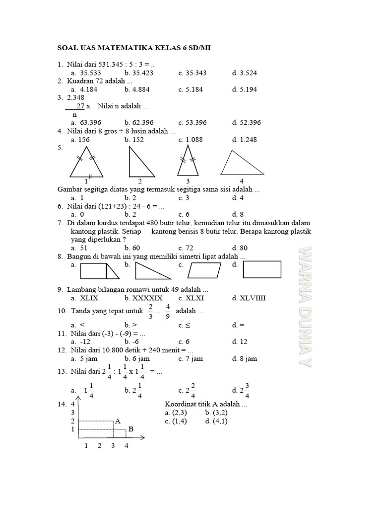 Soal UAS Matematika Kelas 6 SD/MI | PDF