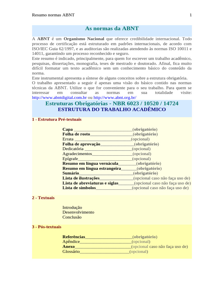 Resumo das Normas ABNT para Trabalhos Acadêmicos | PDF | Publicação ...