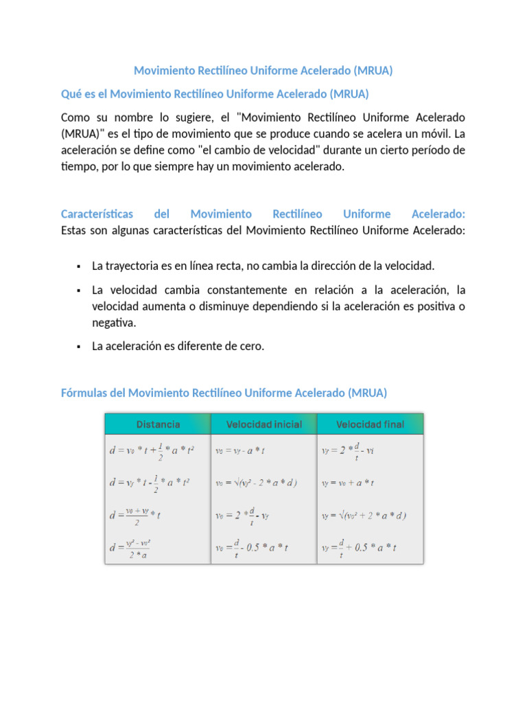 Movimiento Rectilíneo Uniforme Acelerado | PDF | Velocidad | Aceleración