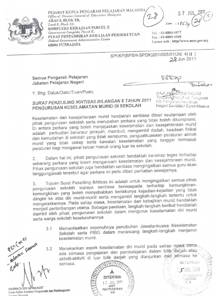 130711 Surat Pekeliling Ikhtisas Bil 8 Tahun 2011 Pen Gurus An Keselamatan Murid Di Sekolah 1