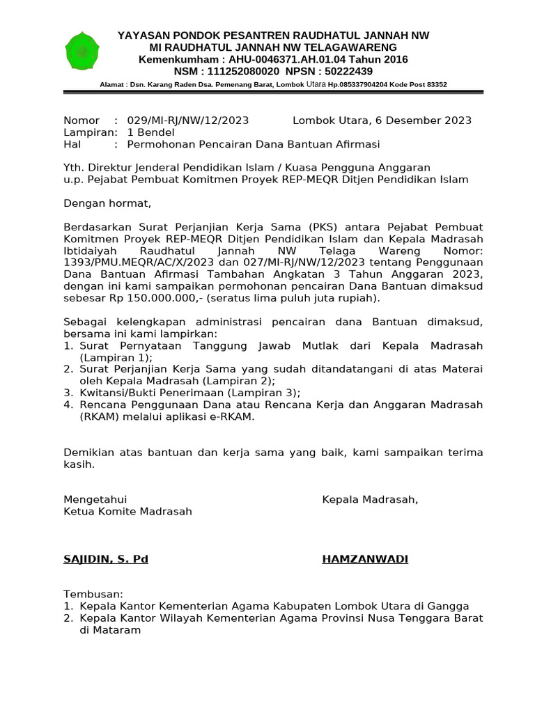 Doc1 Surat Permohonan Pencairan Dana BKBA Tambahan Batch 3 | PDF