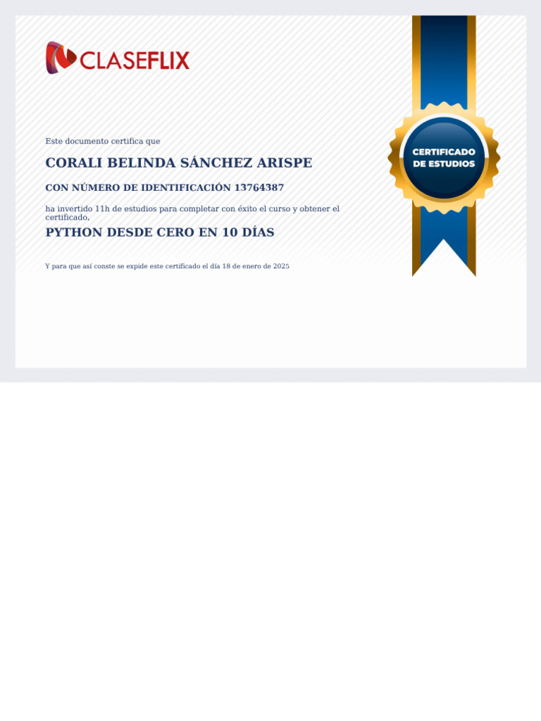 Certificado Curso Python Clasefix | PDF | Python (lenguaje de ...