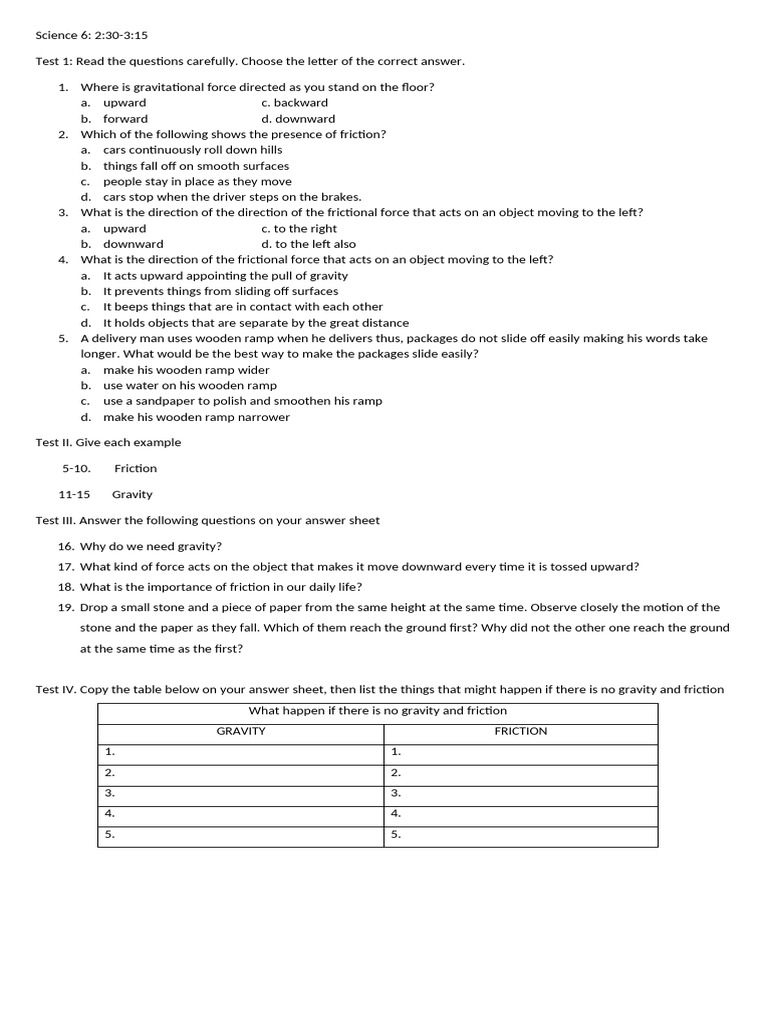 Science 6 | PDF | Friction | Force