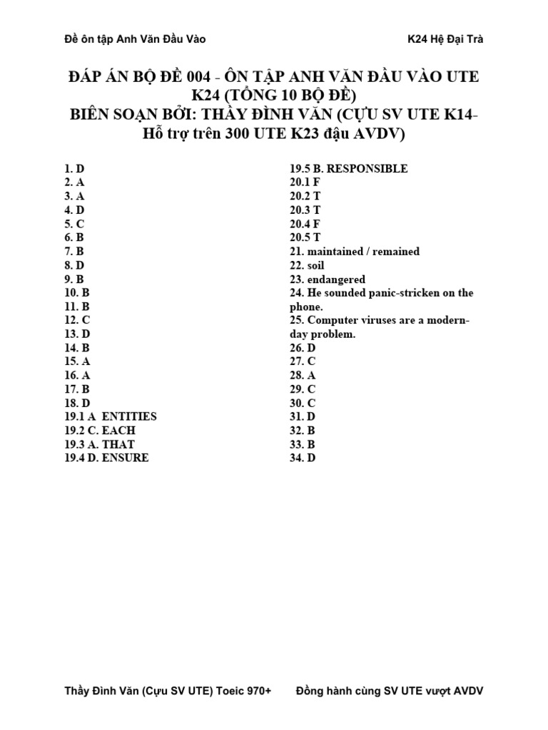 Đáp Án Bộ Đề 004 - Avdv Ute K24 | PDF