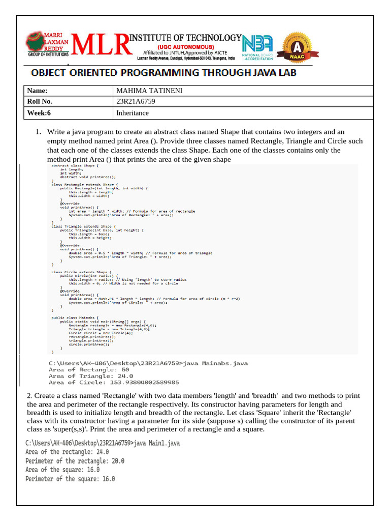 Java Inheritance Program Examples | PDF