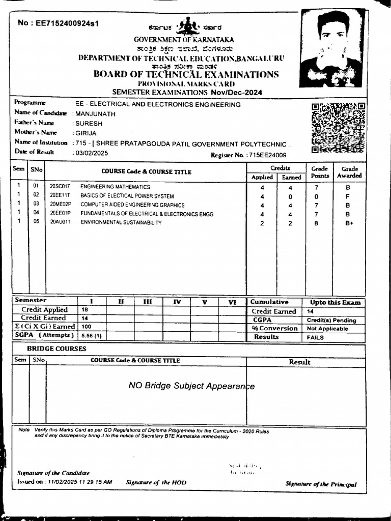 Manju 1st Sem Marks Carid | PDF