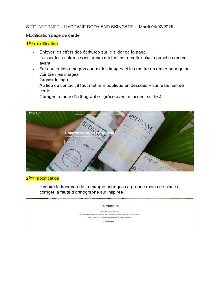 Modifications du site Hydrane Skincare | PDF