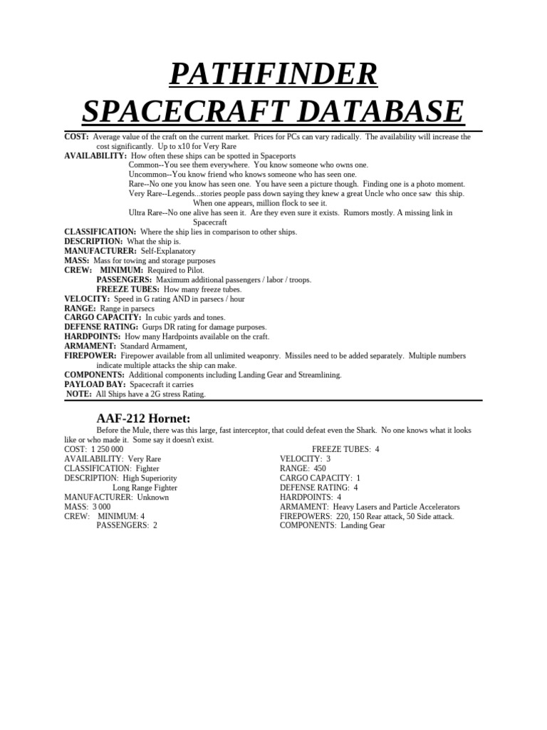 Pathfinder Spacecraft Database Overview | PDF | Cruiser | Ships