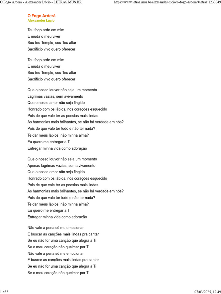 O Fogo Arderá: Letra e Reflexão | PDF | Amor