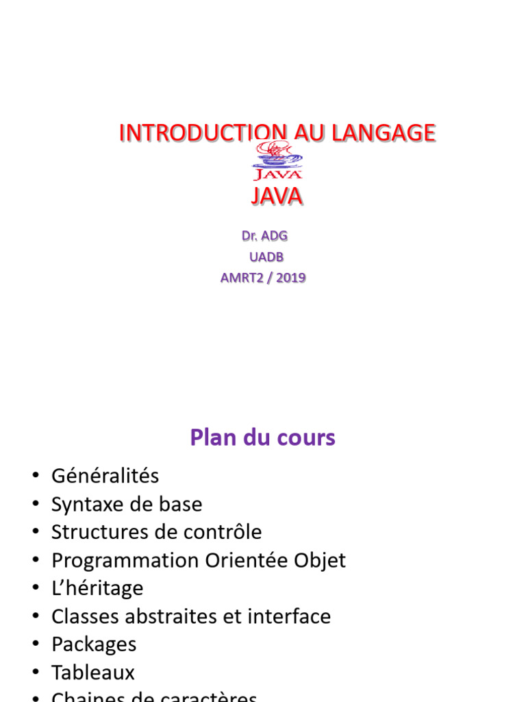 Introduction au langage Java et syntaxe | PDF | Java (Langage de ...