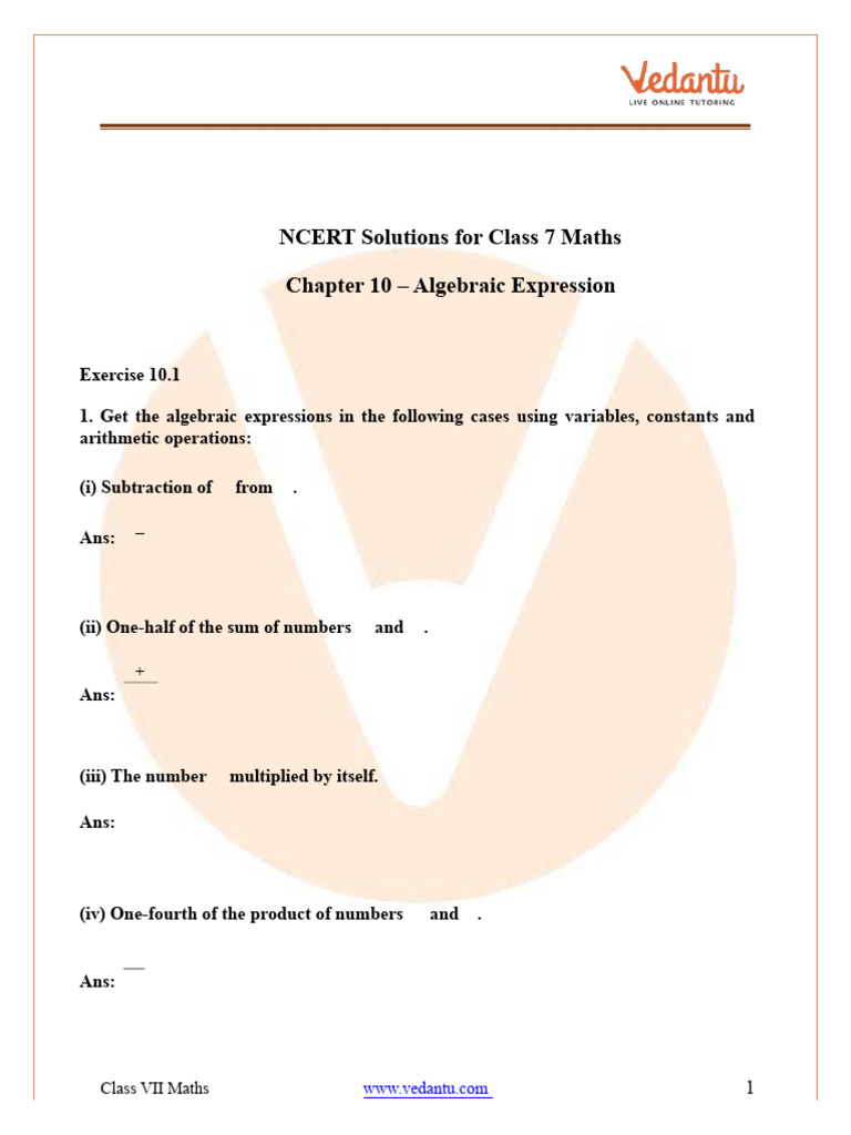Class 7 Maths: Algebraic Expressions Solutions | PDF | Elementary ...