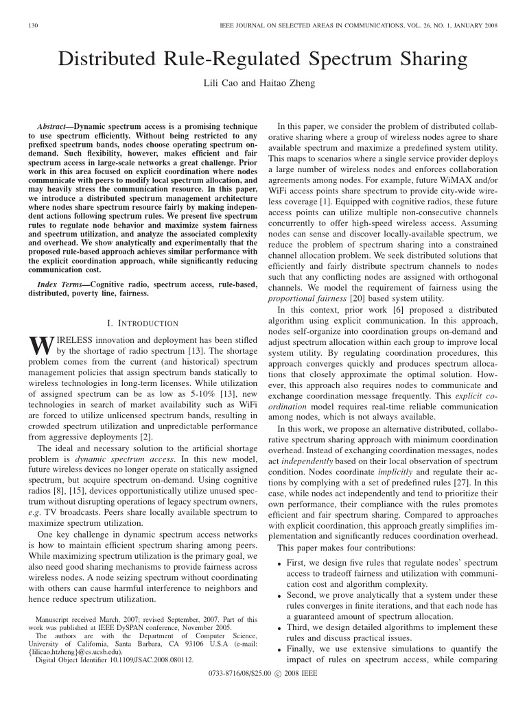 2008 - Distributed Rule-Regulated Spectrum Sharing | PDF | Cognitive ...