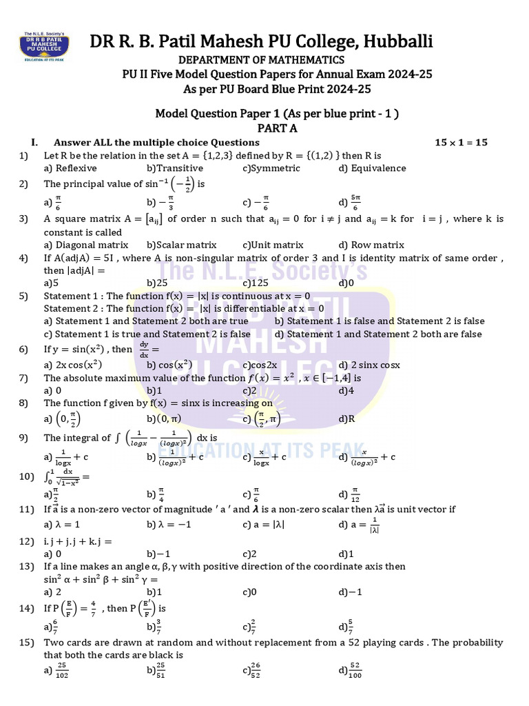Model Math Question Papers 2024-25 | PDF | Function (Mathematics ...
