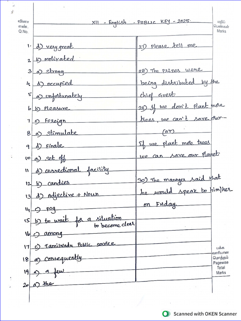 12th English Public Exam 2025 Answer Keys PDF Download | PDF