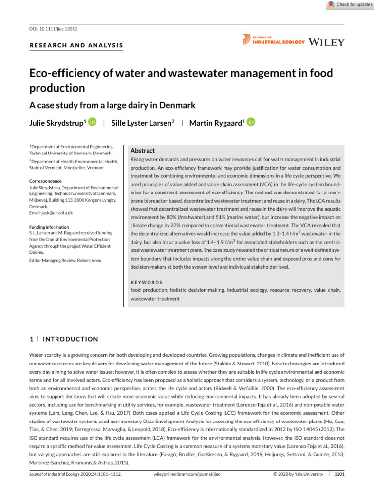 J of Industrial Ecology - 2020 - Skrydstrup - Eco Efficiency of Water ...