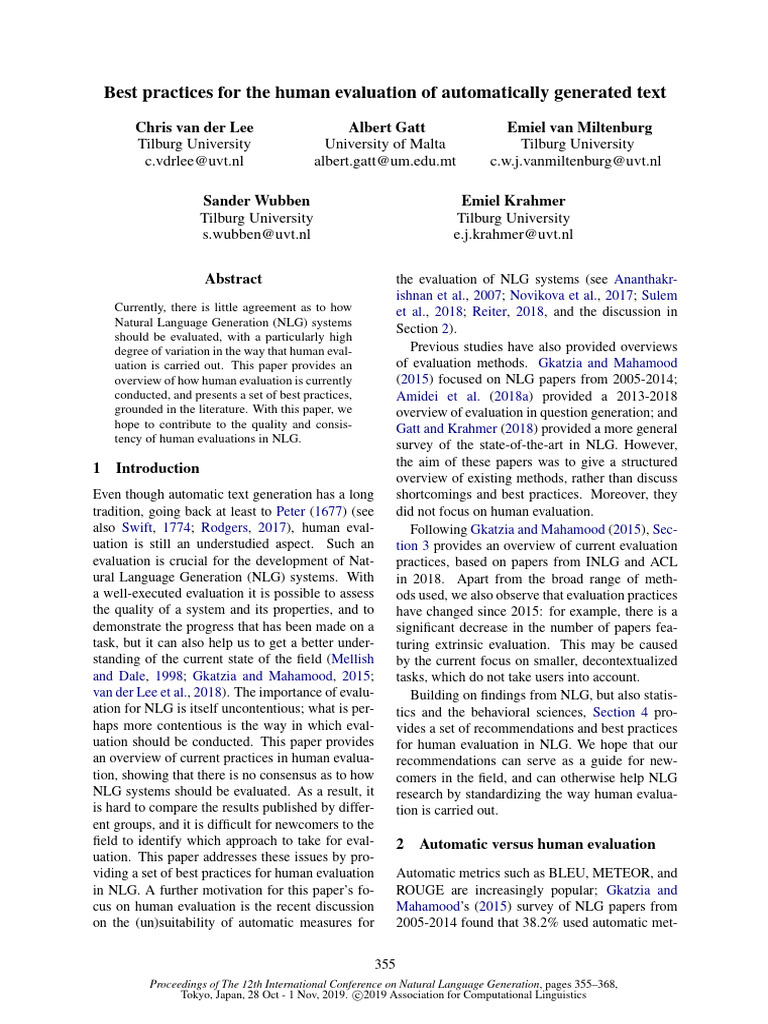 Best Practices For The Human Evaluation of Automatically Generated Text ...