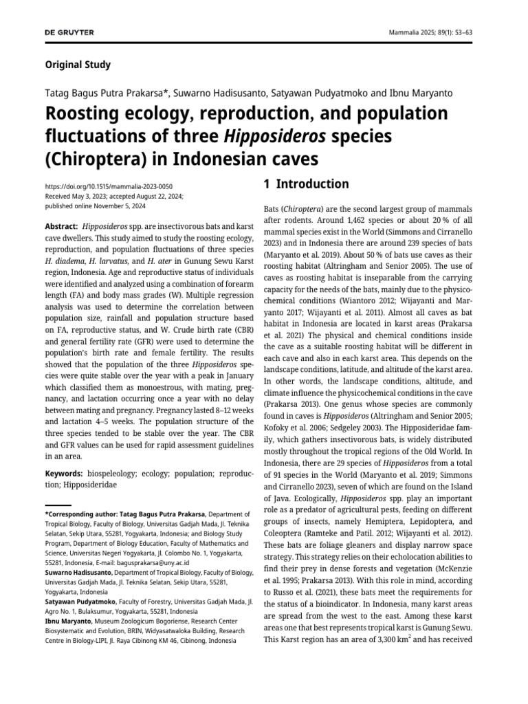 Roosting Ecology of Hipposideros Bats in Indonesia | PDF | Bat