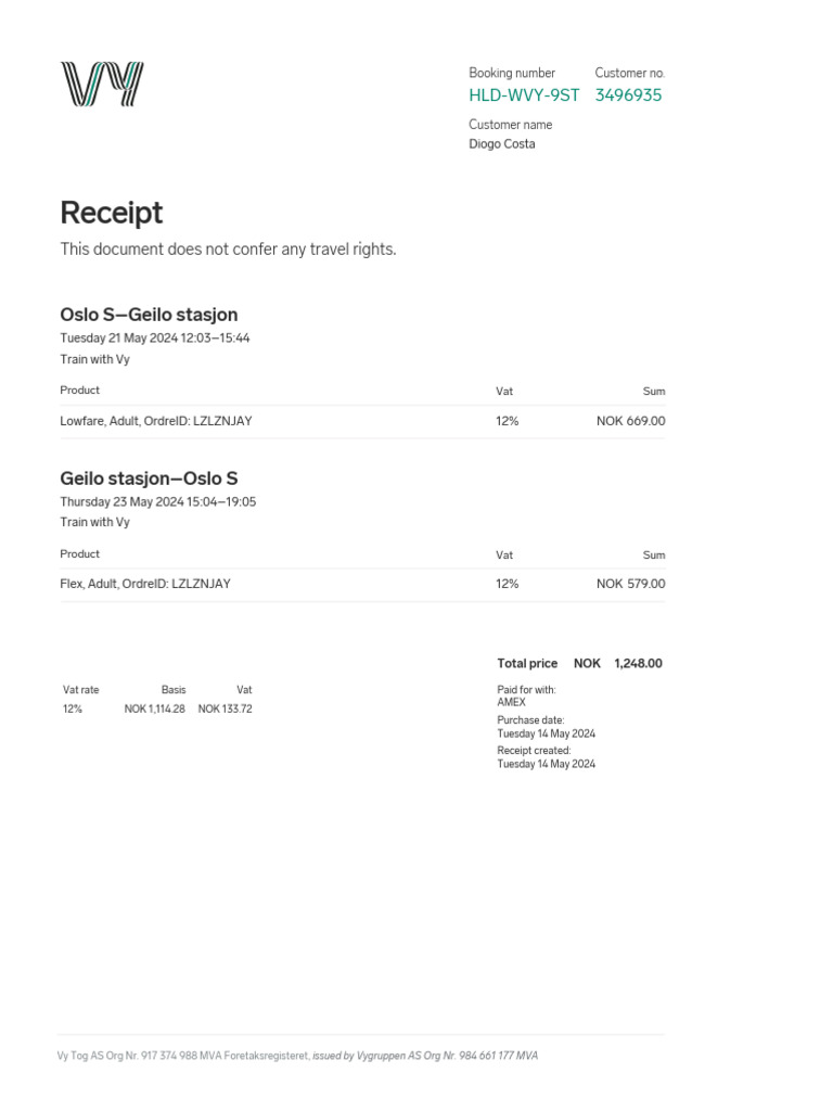 Vy Train Booking Receipt for Diogo Costa | PDF