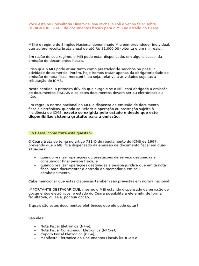 Documentos Fiscais para MEI no Ceará | PDF