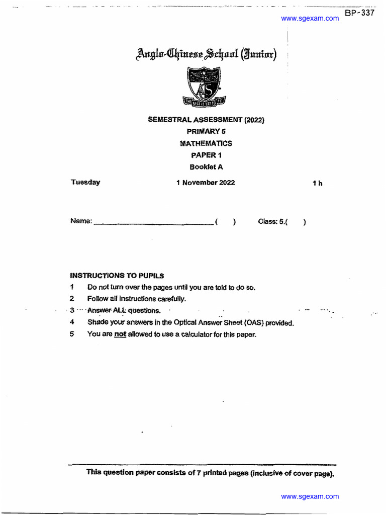 2022 P5 Maths Semestral Assessment 2 ACS Junior | PDF