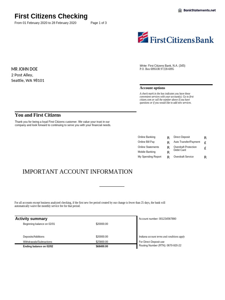 First Citizens Bank Statement Summary | PDF | Overdraft | Banks