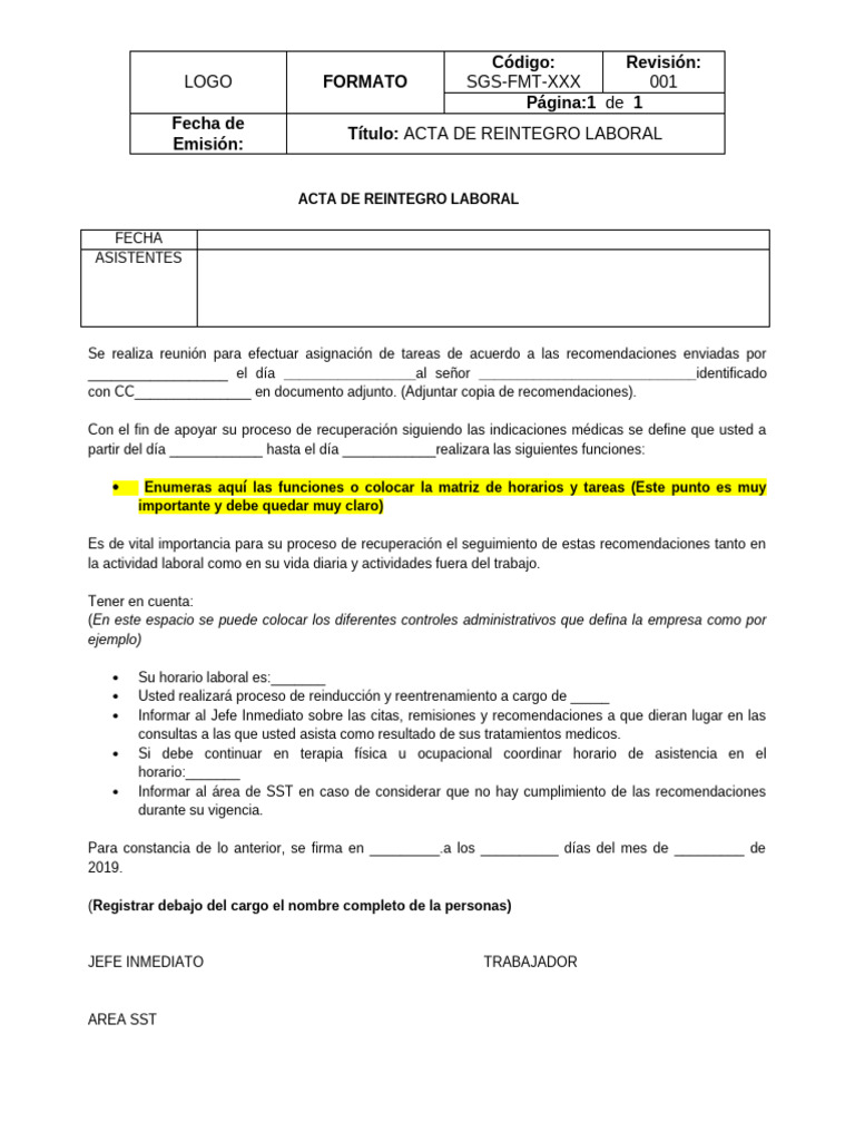 Acta de Reintegro Laboral | PDF