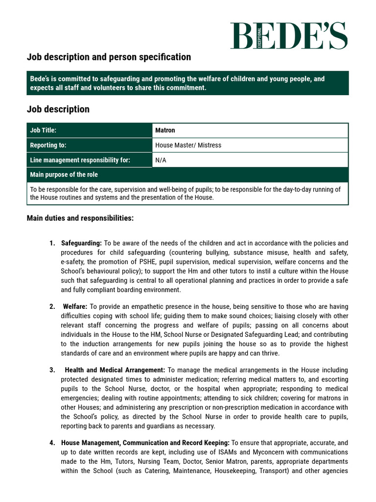 Matron Job Description and Responsibilities | PDF | Housekeeping ...