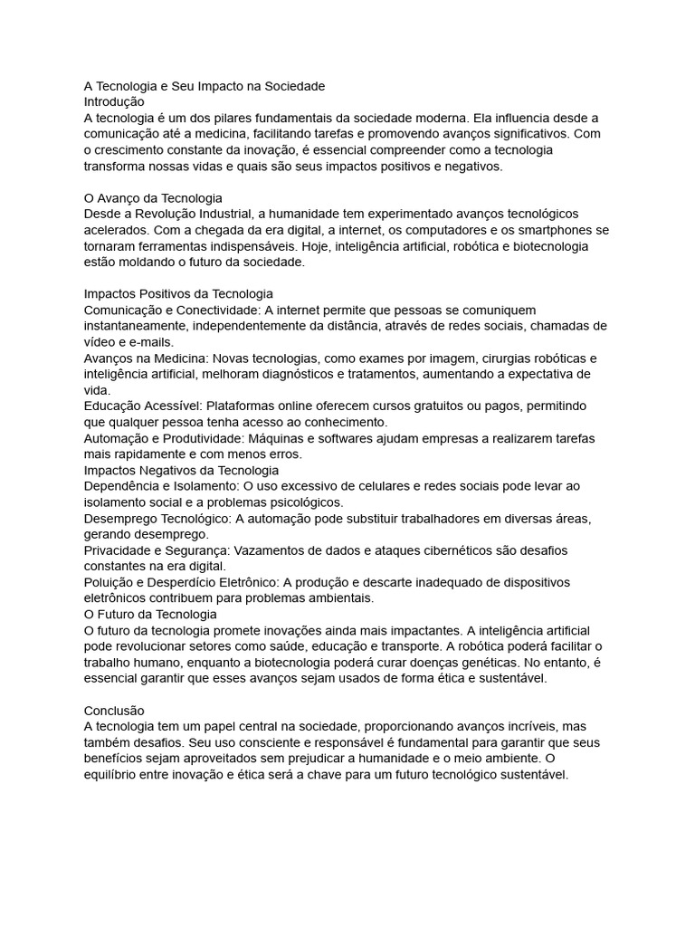 Impactos da Tecnologia na Sociedade | PDF | Internet | Robótica