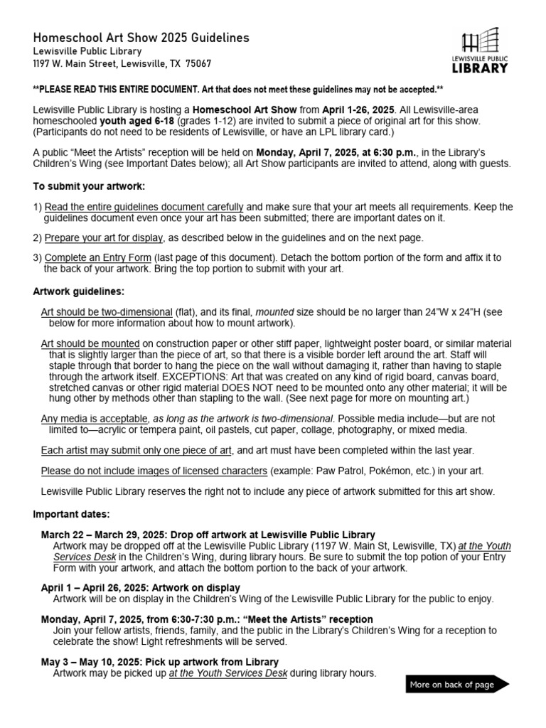 Homeschool Art Show Guidelines Entry Form Spring 2025 PDF | PDF