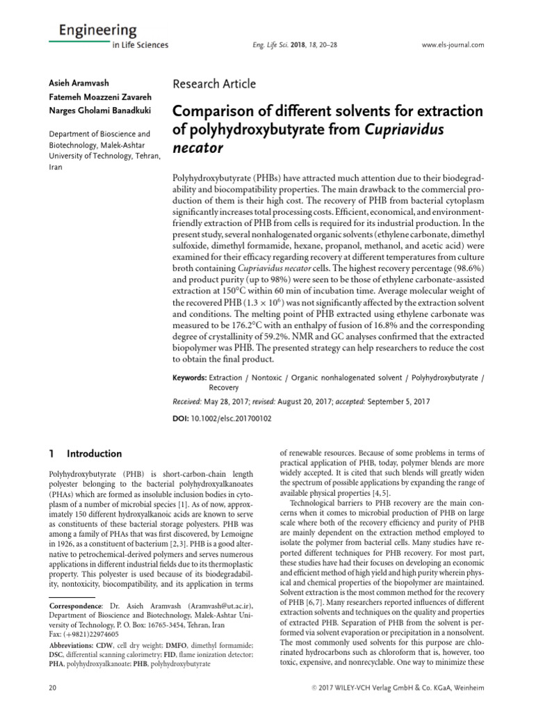 Solvent Comparison for PHB Extraction | PDF | Solvent | Differential ...